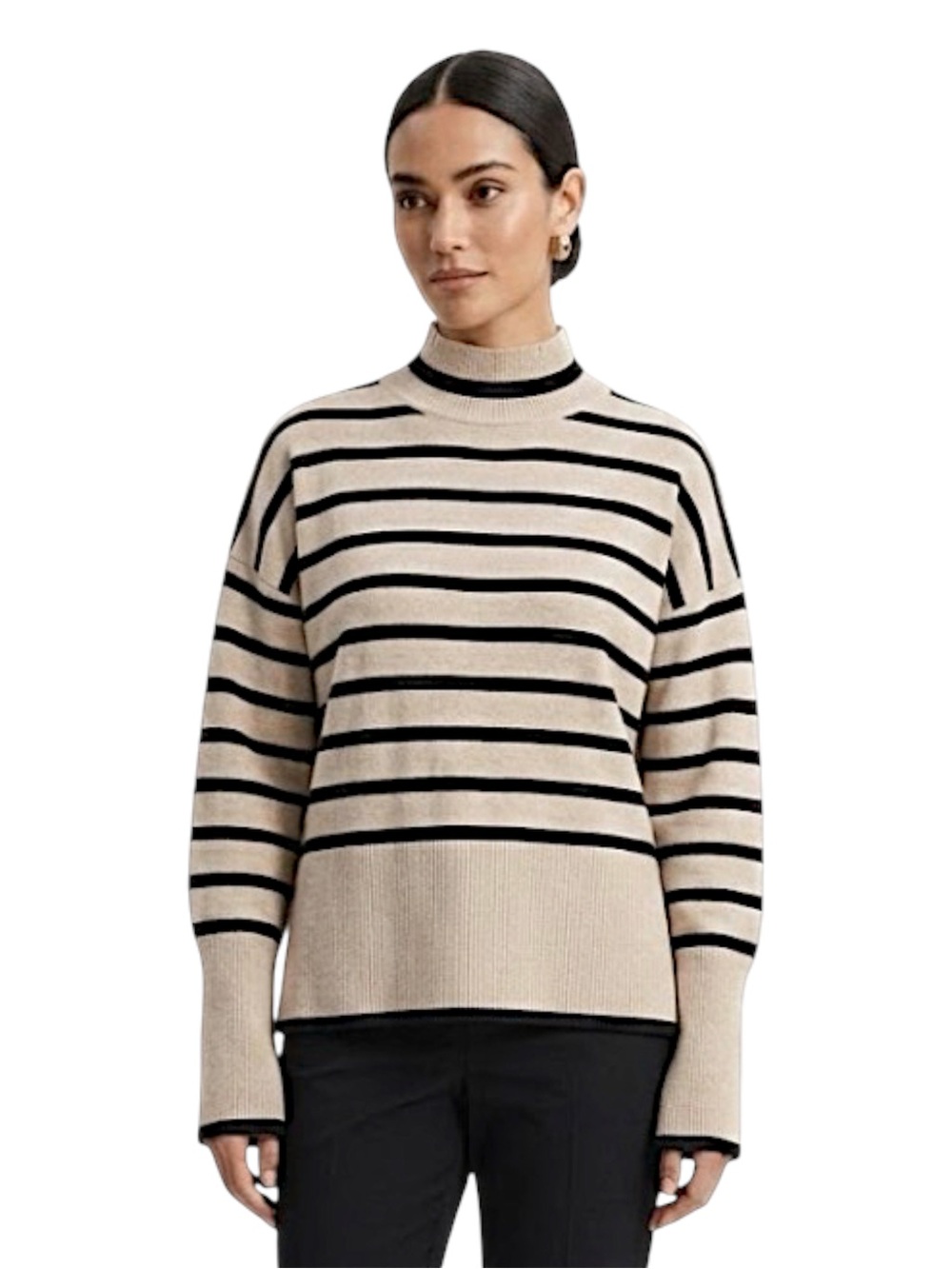 Rachel Zoe Tan Mock Neck Ribbed Oversized Black Striped Sweater Size Large